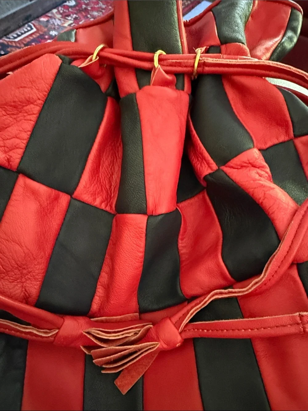 Vintage Red Black Leather Patchwork Fringe Drawstring Hobo Bag